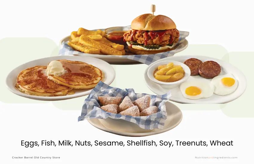 Hamburger, fries and breakfast items from Cracker Barrel.