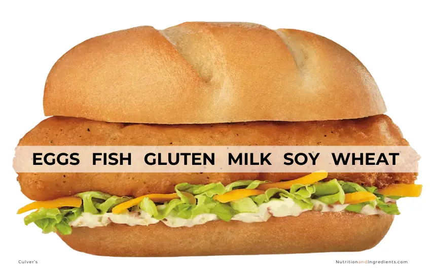 Culver's North Atlantic cod sandwich with text list of allergens.