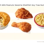 Chicken and side dishes from KFC with text list of common food allergens.