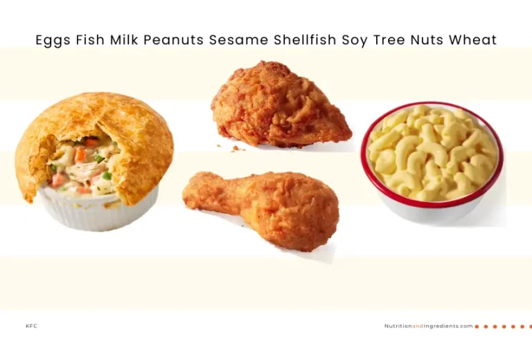 Chicken and side dishes from KFC with text list of common food allergens.