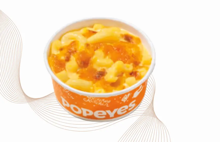 Side dish of mac & cheese from Popeyes fast food restaurant.