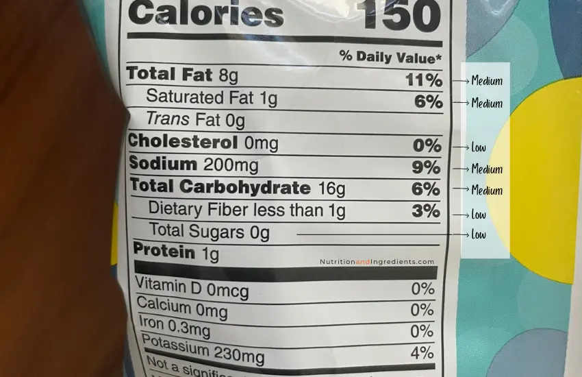 Nutrition facts label on package of Lay's poppables sea salt crisps.