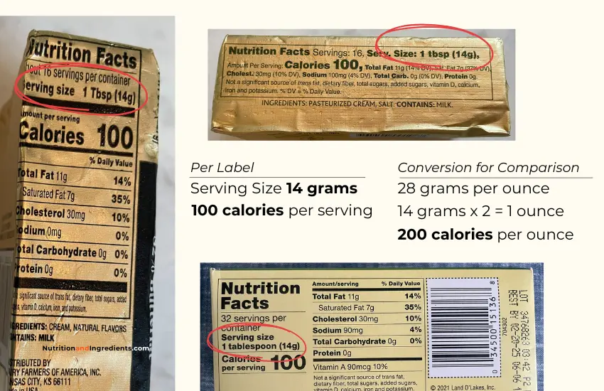 Packages of butter with circle around 14g serving size.