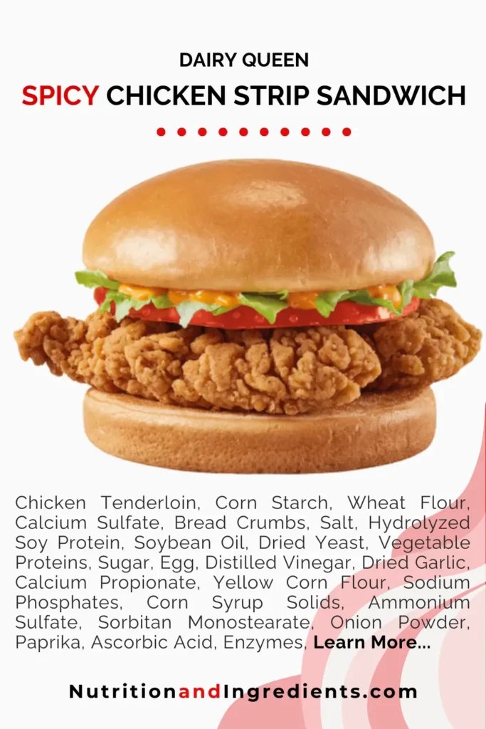 Spicy chicken sandwich with text listing select ingredients.