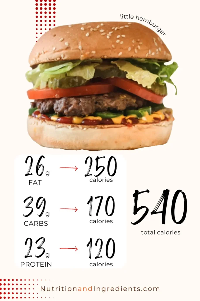 Five Guys Little Hamburger with text summarizing nutrition facts.