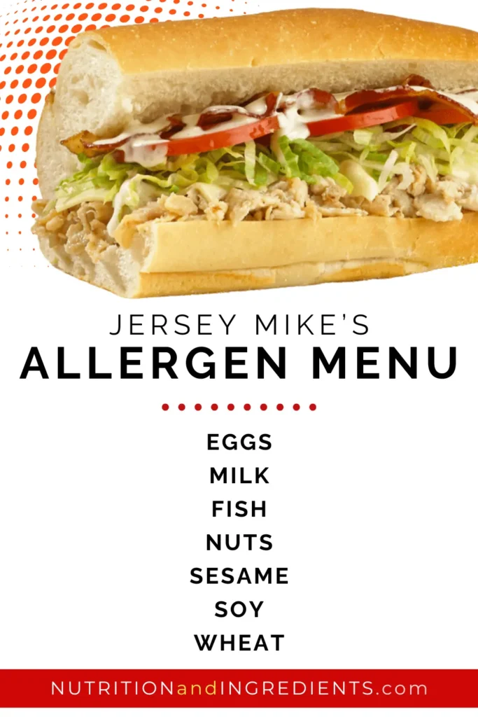 Turkey sandwich with lettuce and tomato from Jersey Mike's with text list of allergens.