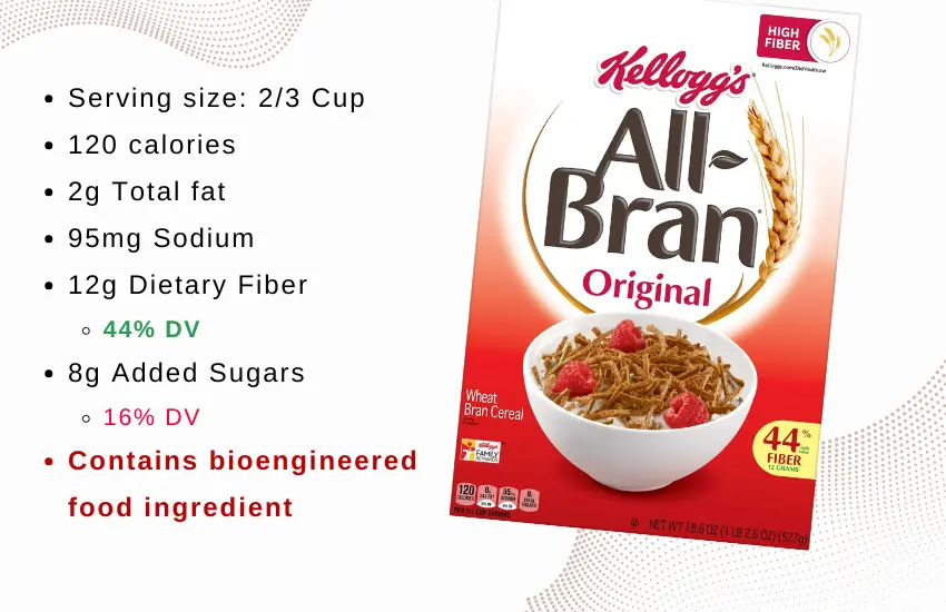 Box of Kellogg's All-Bran cereal with text listing nutrition and ingredients facts.