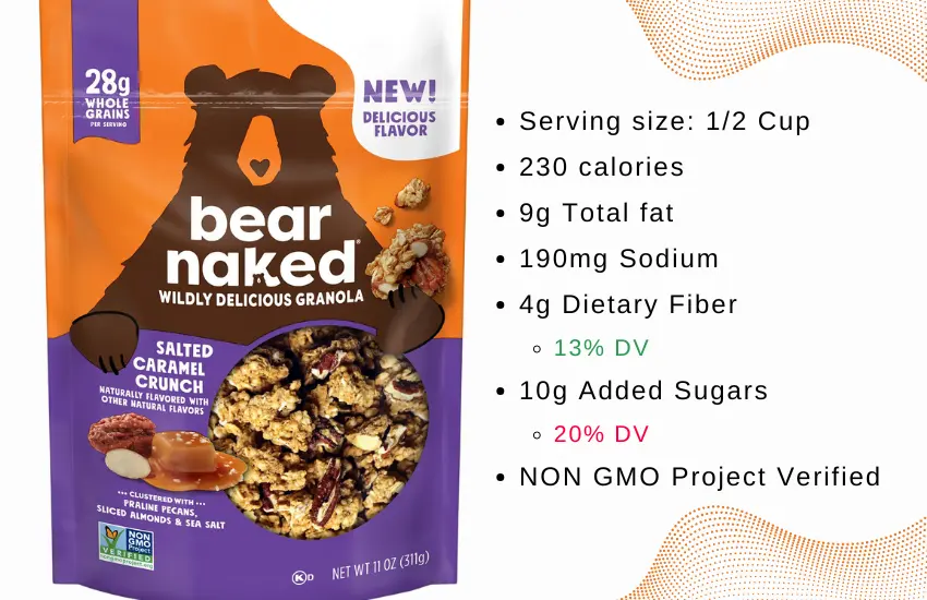 Package of Kellogg's granola cereal and text summary of nutritional information.