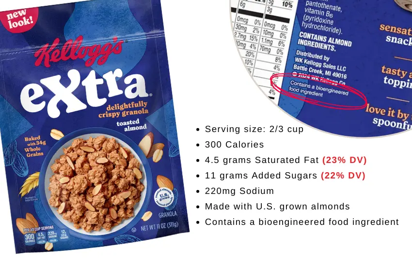 Package of Extra cereal with text summarizing nutrition facts.