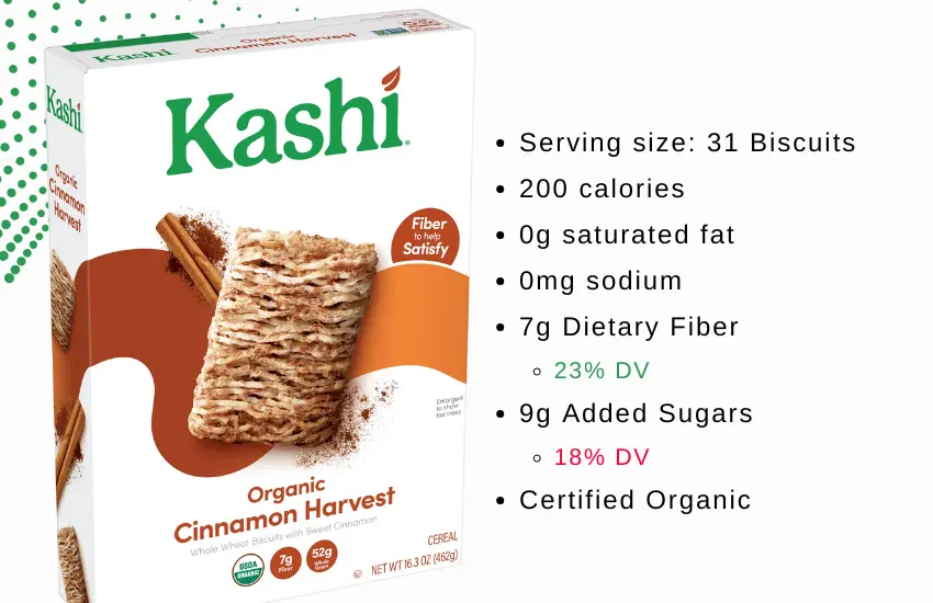 Box of Kellogg's Kashi GO cereal and text summarizing nutrition facts.