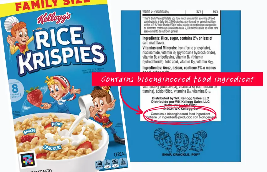 Box of Rice Krispies cereal and highlight text "made with bioengineered ingredient."