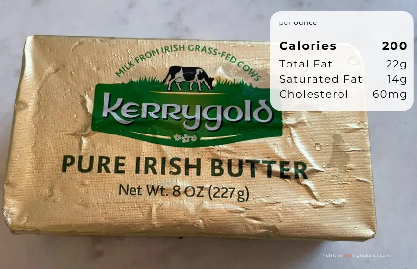 Package of Kerrygold butter with text summary of nutrition facts