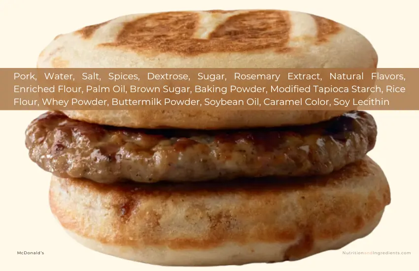 Sausage McGriddles breakfast sandwich with text list of ingredients.