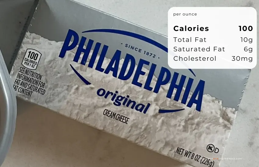 Container of regular cream cheese with text summary of nutrition facts