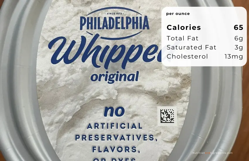 Container of whipped cream cheese with text summary of nutrition facts