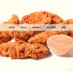 Zaxbys chicken fingers and sauce with text list of allergens.