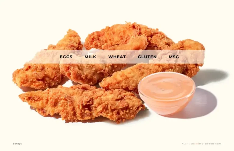 Zaxbys chicken fingers and sauce with text list of allergens.