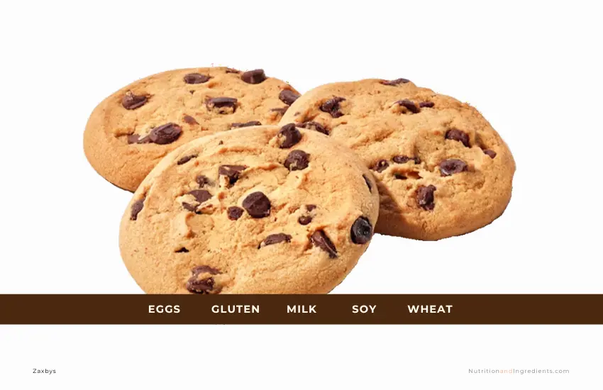 3 chocolate chips cookies with text list of food allergens