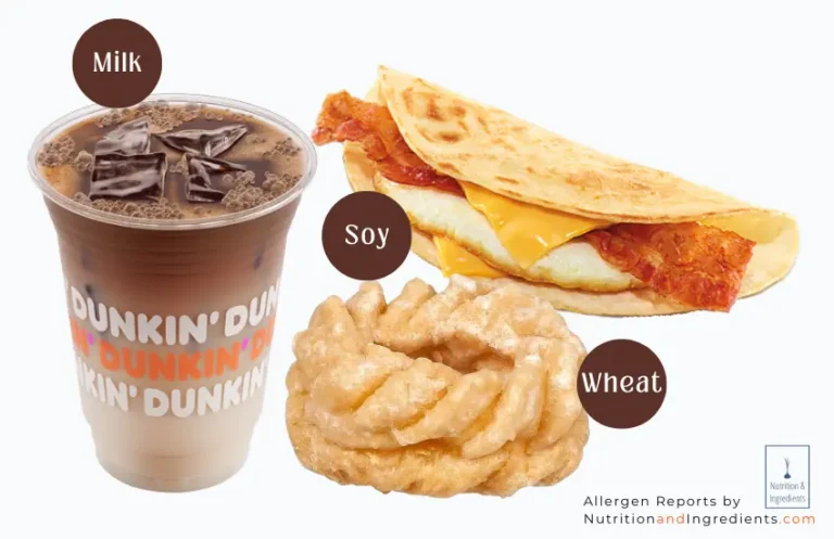 Coffee, donut, and breakfast wrap from Dunkin' with text listing allergens.