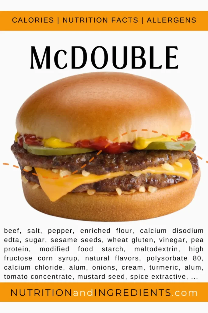 McDonald's McDouble cheeseburger with text list of select ingredients.