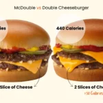 Two McDonald's cheeseburgers with text listing total calories.