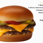 McDonald's double cheeseburger and text list of what's on the burger.