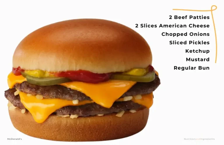 McDonald's double cheeseburger and text list of what's on the burger.