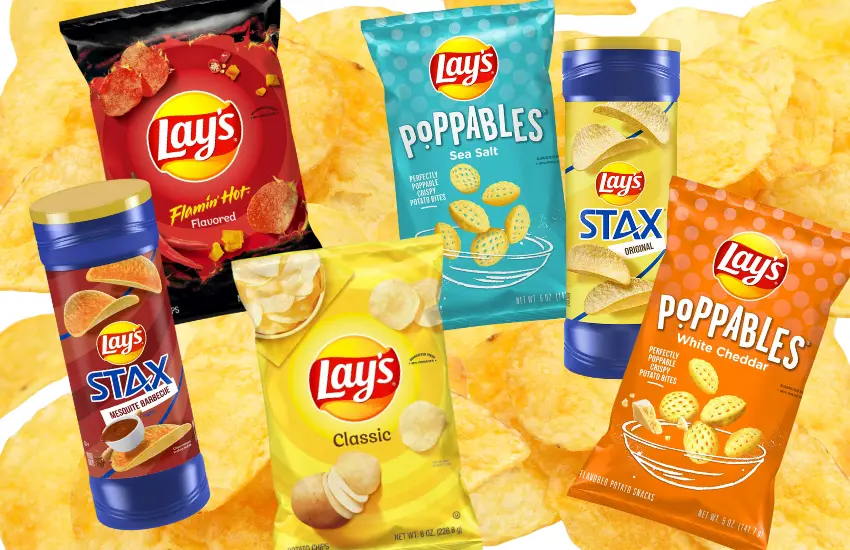 Six packages of various flavor potato chips.