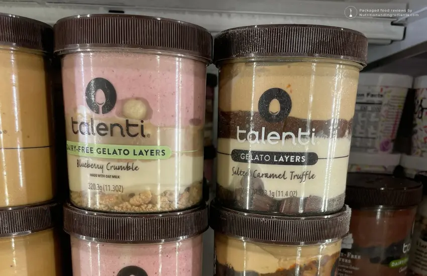 Various flavors of Talenti gelato layers in freezer.