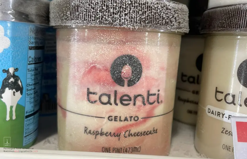 Container of Talenti raspberry cheesecake flavored gelato.