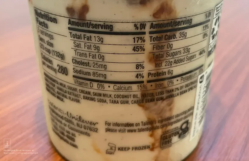 Talenti vanilla caramel swirl gelato nutrition facts label.
