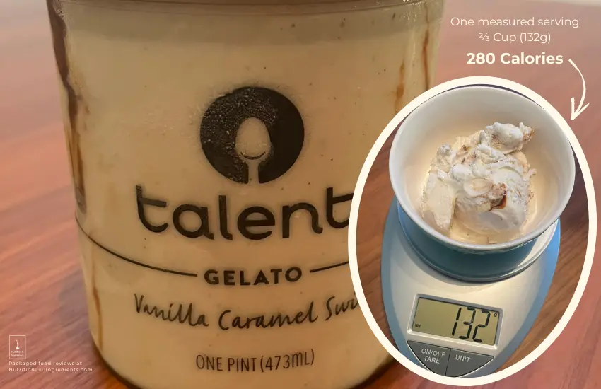 Talenti vanilla caramel swirl gelato on scale to illustrate serving size.