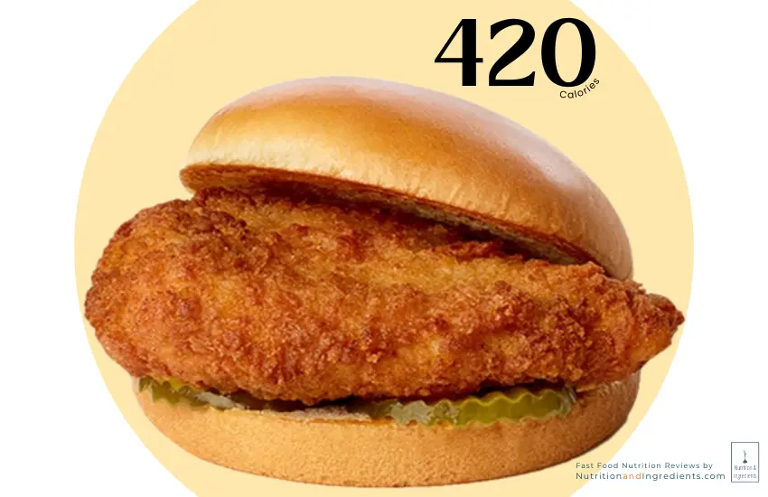Chick-fil-A fried chicken sandwich with text "420 calories."