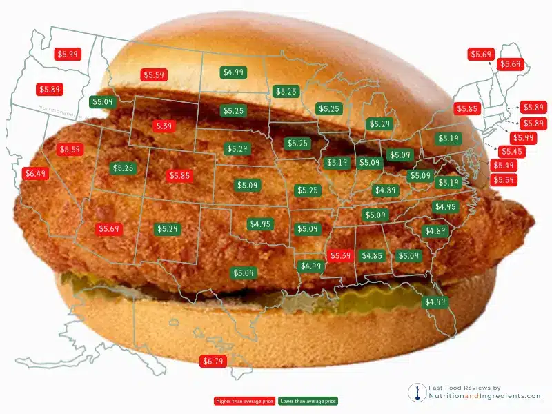 Chick-fil-A Chicken Sandwich and US map with prices in each state.
