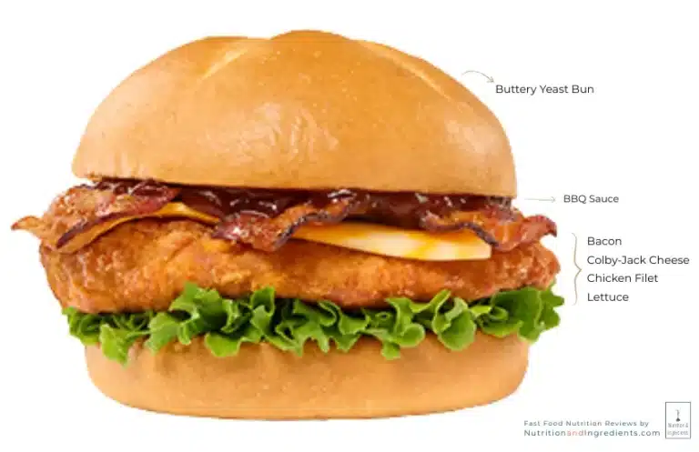Chick-fil-A chicken sandwich with bacon and BBQ sauce.