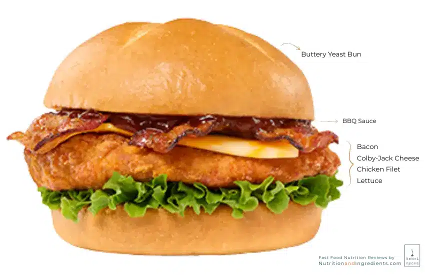 Chick-fil-A chicken sandwich with bacon and BBQ sauce.