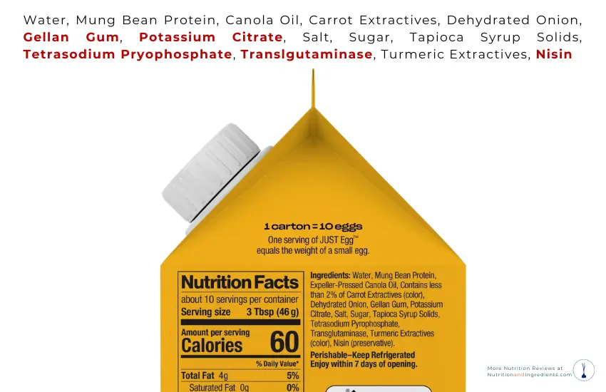 Carton of vegan egg replacement and text list of ingredients.