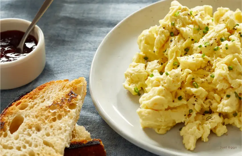 Scrambled eggs style breakfast made with vegan Just Eggs.