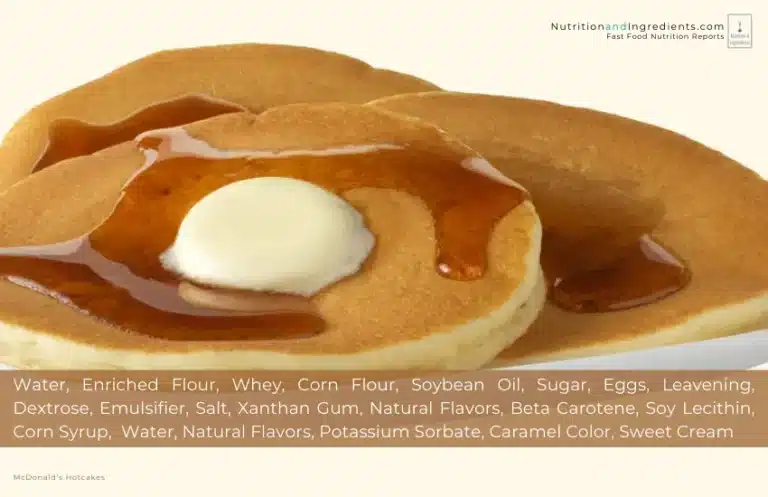 Three pancakes, butter, and syrup from McDonald's and text list of ingredients.