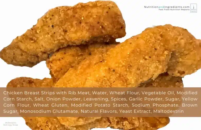 Fried chicken strips from McDonald's with text list of ingredients.