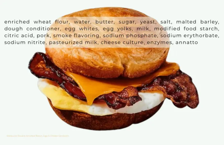 Starbucks breakfast sandwich made with bacon, egg, and cheese with text listing ingredients.