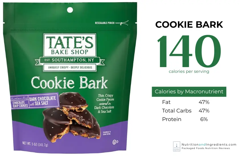 Bag of Tate's cookie bark and text listing calories per macronutrient.