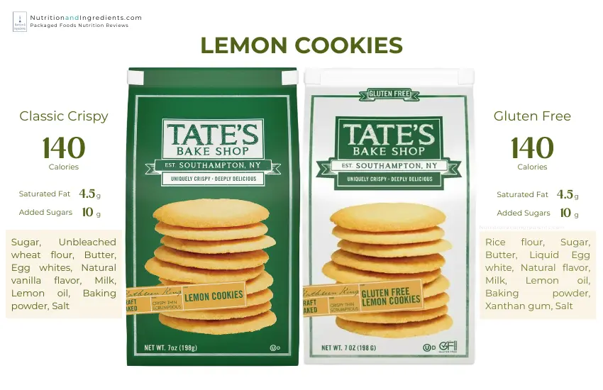 Two bags of Tate's lemon flavored cookies and text listing ingredients.