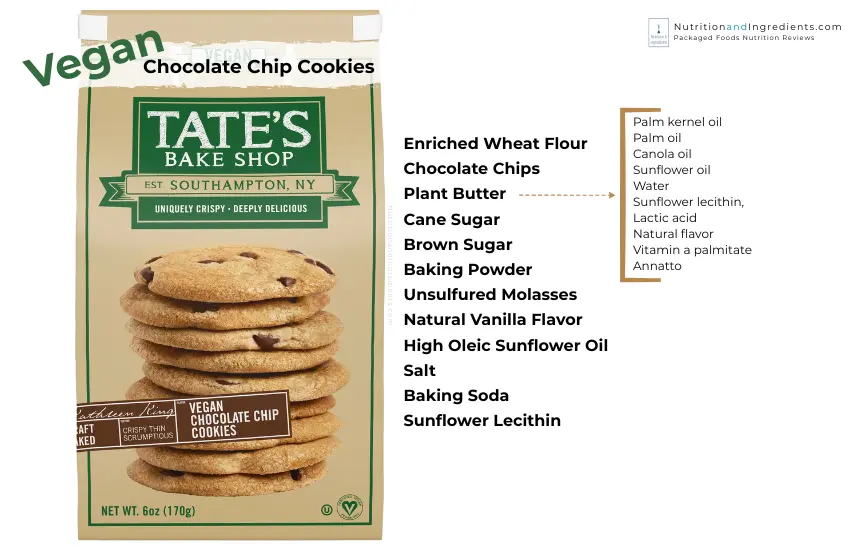 Tate's vegan chocolate chip cookies and text list of ingredients.