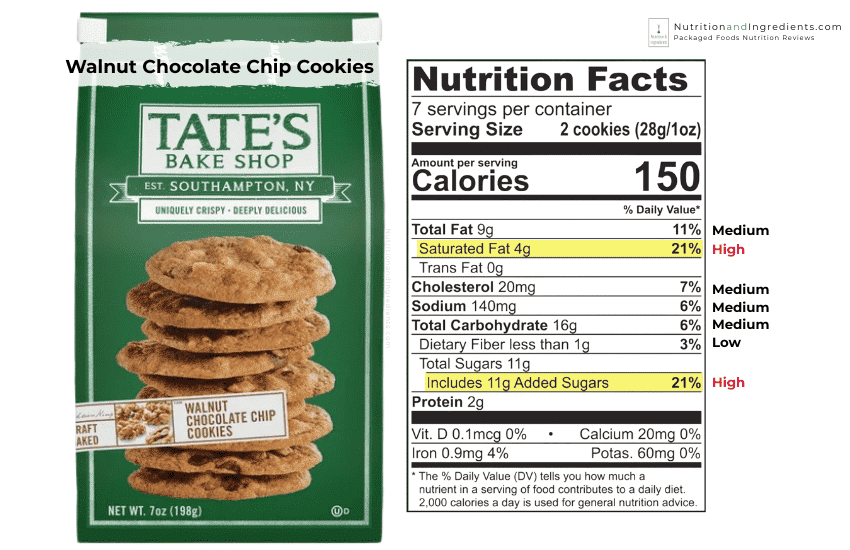 Bag of Tate's walnut chocolate chip cookies and nutrition facts label.