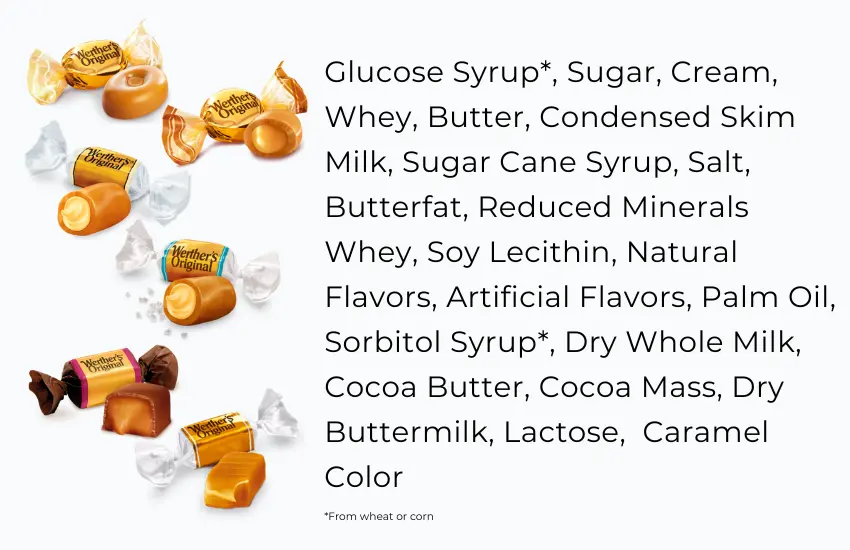 Six types of Werther's candies and text list of ingredients.