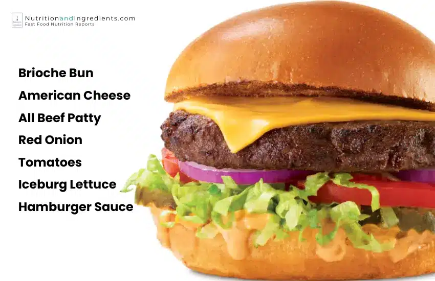 Arby's deluxe cheeseburger with text description.