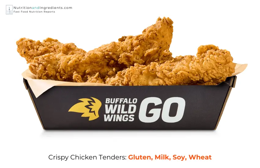 Fried chicken tenders with text list of allergens.