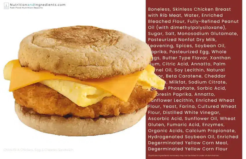 Chick-fil-A chicken, egg & cheese sandwich with list of ingredients.