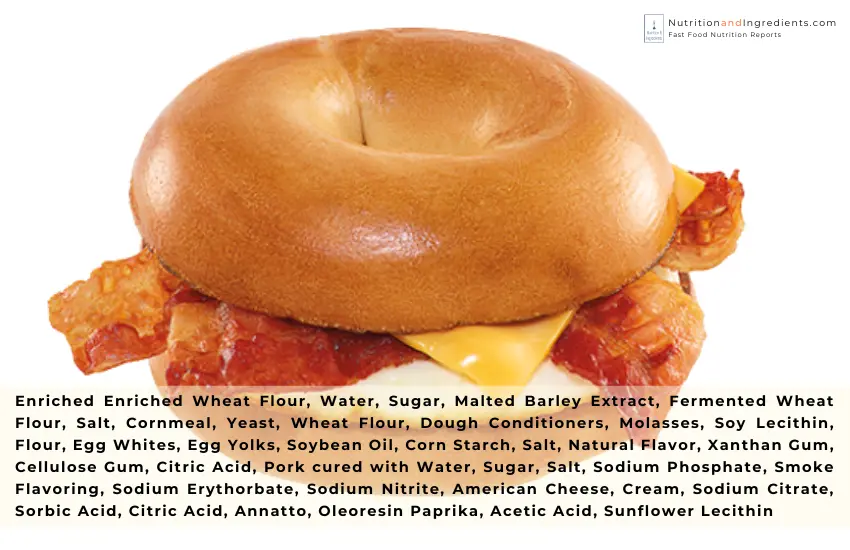 Dunkin' bacon, egg & cheese sandwich with list of ingredients.